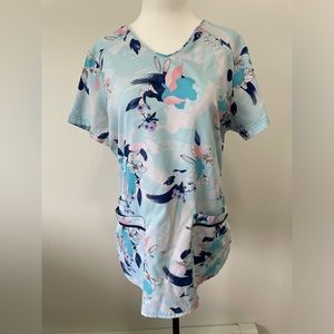 Elle Blue Floral Scrub Top - Size Small